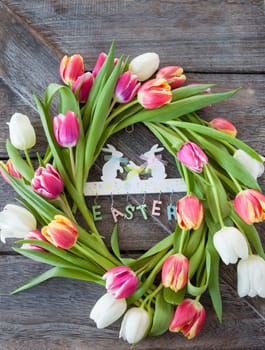 Background of rustic wood with colorful tulips