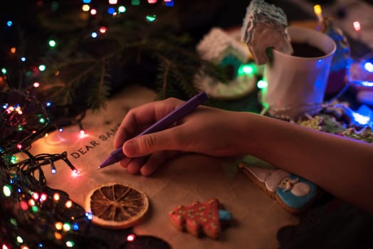 Boy writes a letter to Santa, cristmas background