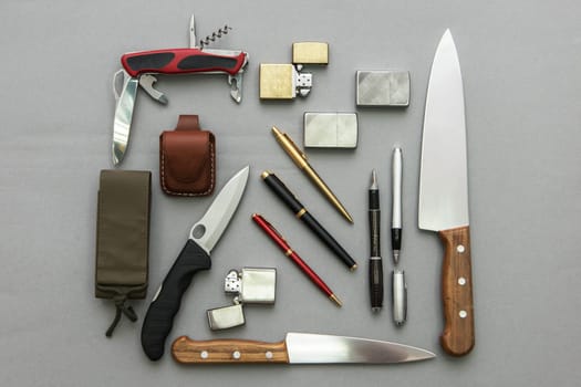 Male gifts on a gray background, flat lay