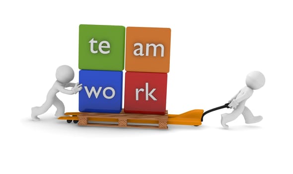 Teamwork concept with two 3d character and colorful dices with the word teamwork on a lifting cart, 3d rendering