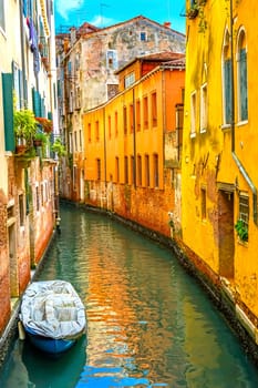 Gondola Tourists Colorful Small Canal Bridge Buildings Boats Reflections Venice Italy