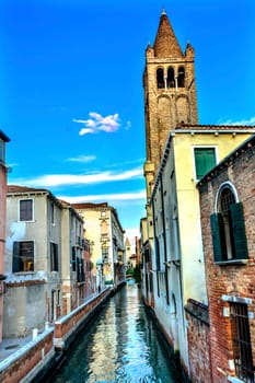 Colorful Small Canal Bridge Buildings Boats Reflections Venice Italy