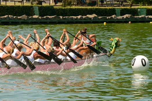 Rome, Italy - July 30, 2016: Dragon boat crews  compete at the european championships held in Italy in 2016 summer, , in the photo the Hungary crew  during the race