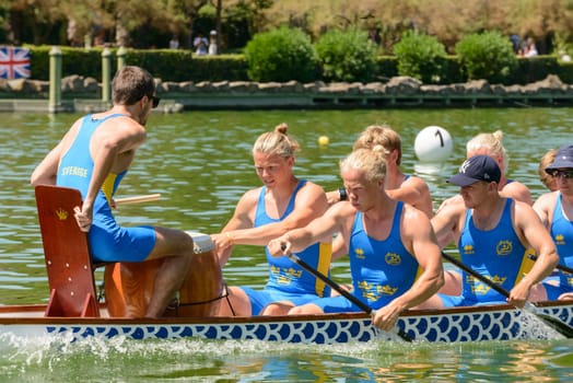 Rome, Italy - July 30, 2016: Dragon boat crews  compete at the european championships held in Italy in 2016 summer, the Sverige crew