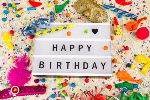 Light box with letters - Happy Birthday - with confetti and party items