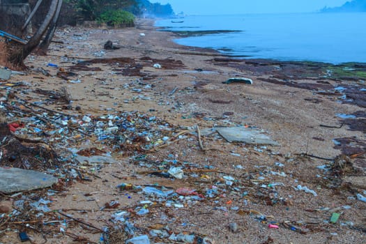 Garbage on a beach, environmental pollution concept picture