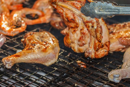 Assorted delicious grilled meat.over the coals on a barbecue