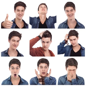 Mosaic of young man multiple expressions images on white background. Mixed emotions poster.