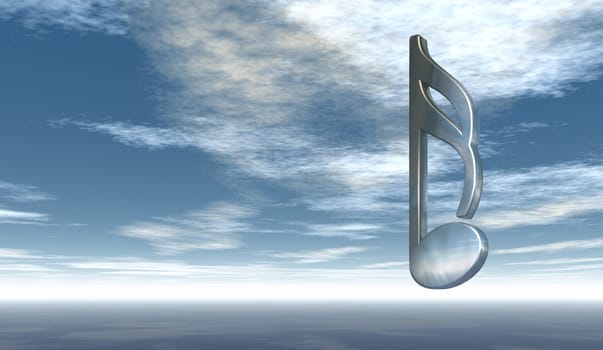 music note made of metal under cloud sky - 3d illustration