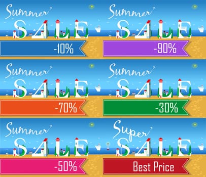 Cards with texts for retail. Artistic font. Summer beach. Buildings on the coast. Plane in the sky. Summer sale. Colorful banners for custom text. illustration