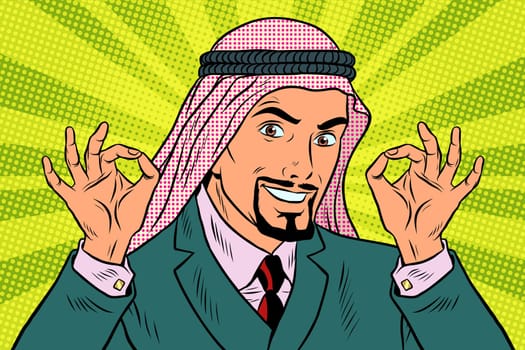 Two hands OK gesture, the Arab businessman. Pop art retro vector illustration