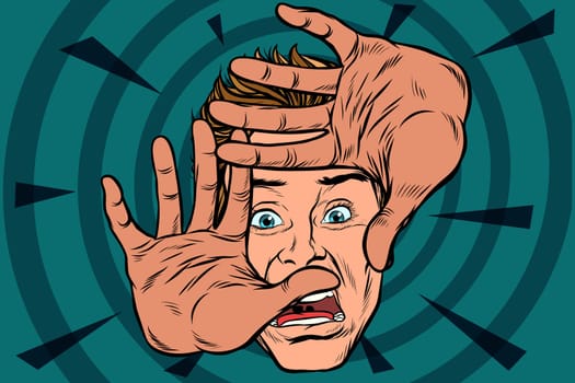 frightened man is protected by hands. Pop art retro vector illustration
