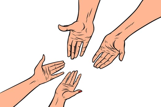 Male and female hands isolated on white background. Pop art retro vector illustration