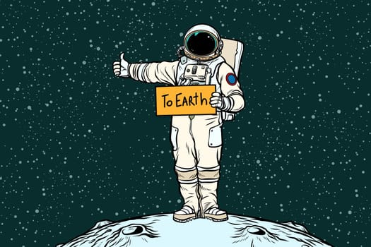 Astronaut hitch rides on Earth. Pop art retro vector illustration
