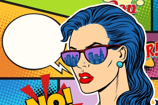 Pop art beautiful woman in sunglasses. Comic dialogue. retro vector illustration