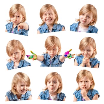 Mosaic of different portraits of the same cute girl. Mixed emotions poster.