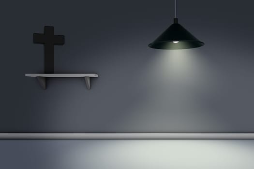 Christian cross on shelf and hanging lamp - 3d rendering