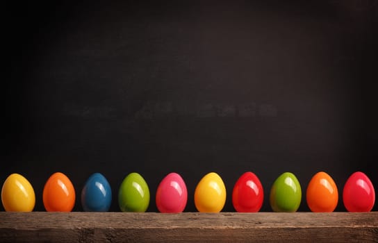 Colorful plastic Easter eggs in row on a black chalkboard with space for text or image