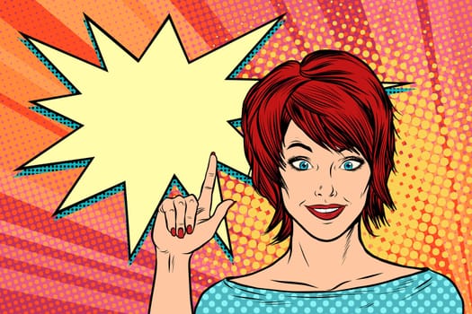 beautiful woman points. Pop art retro vector illustration