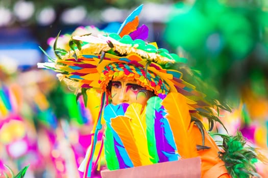 Badajoz, Spain, sunday. February.26. 2017 Participants in colorful costumes take part in the carnival parade in Badajoz 2017