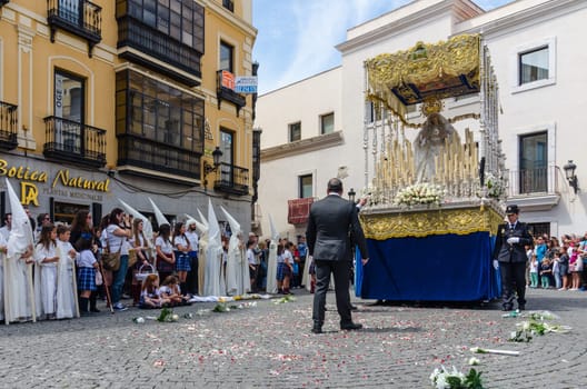 Badajoz Spain monday. april .16. 2017. Brotherhood and Brotherhood of the Sacred Resurrection of Our Lord Jesus Christ, Most Holy Christ of Charity in his Judgment and Holy Mary of the Dawn, Mother of the Church