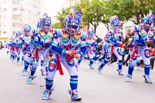 Badajoz, Spain, sunday. February.26. 2017 Participants in colorful costumes take part in the carnival parade in Badajoz 2017