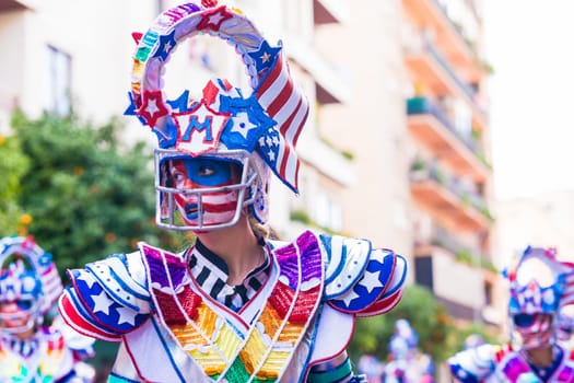 Badajoz, Spain, sunday. February.26. 2017 Participants in colorful costumes take part in the carnival parade in Badajoz 2017