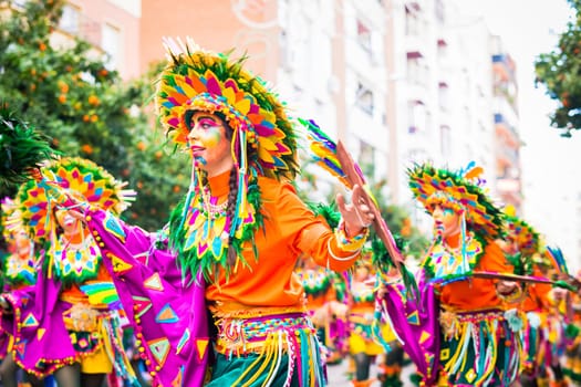 Badajoz, Spain, sunday. February.26. 2017 Participants in colorful costumes take part in the carnival parade in Badajoz 2017
