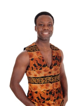 A close up image of a young African American man standing in a brown.vest, with his hands in his pocked, isolated for white background.