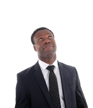 An African business man in a suit rolling his eye's up for frustration.isolated for white background.