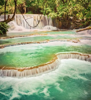 Tat Kuang Si Waterfalls. Beautiful landscape. Luang Prabang. Laos.
