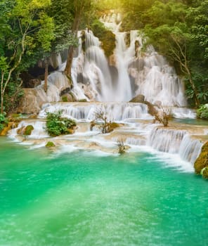 Tat Kuang Si Waterfalls. Beautiful landscape. Luang Prabang. Laos.