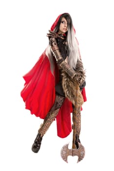 Girl in a dark Red riding hood costume isolated in white
