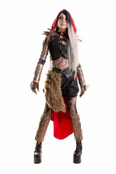 Girl in a dark Red riding hood costume isolated in white