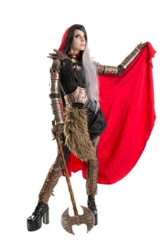 Girl in a dark Red riding hood costume isolated in white