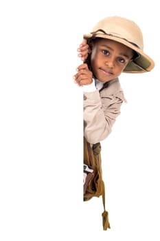 Young boy playing Safari isolated in white