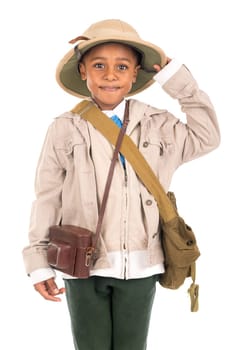 Young boy with a camera playing Safari isolated in white