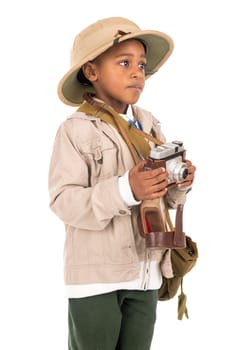 Young boy playing Safari isolated in white