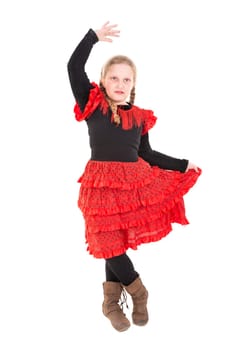 Youn girl in Spanish dancer costume isolated in white