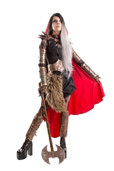 Girl in a dark Red riding hood costume isolated in white