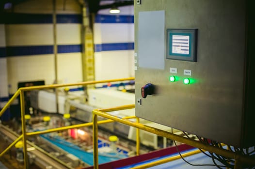 Beer production line. Equipment for the staged production and bottling of the finished product. ponel devices, control panel, control panel