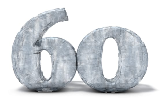 the number sixty made of ice on a white background - 3d illustration