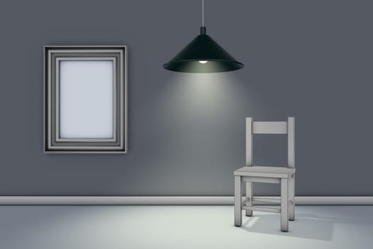 chair and empty picture in room with hanging lamp - 3d rendering