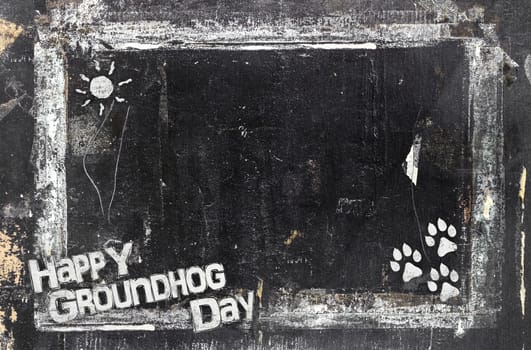 Groundhog Day blackboard in grunge style, scratched and ruined. Dirty artistic design element, box, frame for text. Doodle frame.