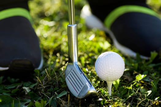 Close-up photo of golf club and golf ball on the grass.