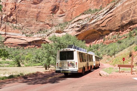 Springdale, Utah, USA - June 3, 2015: Zion Park Bus transports tourists inside the park at the Lodge. Zion National Park, Utah.
