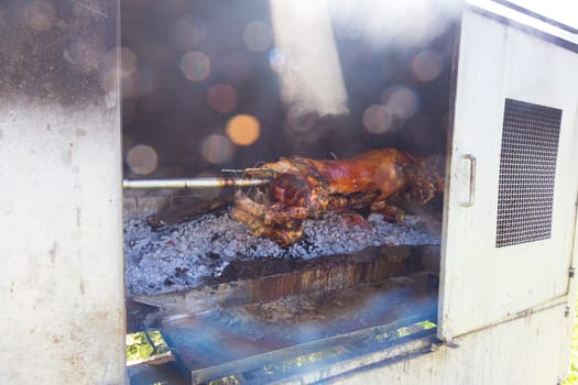 Traditional balkan dish - whole suckling pig roasted on open fire.