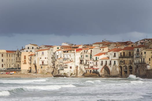 European Coastal travel townof Cefalu in Sicily, Italy in winter storm