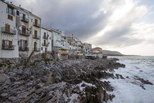 European Coastal travel townof Cefalu in Sicily, Italy in winter storm