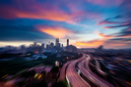 Zoom Kuala Lumpur city Malaysia, sunset.